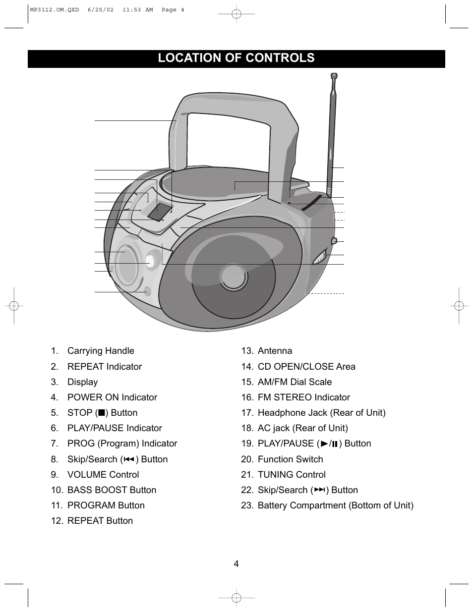 Location of controls | Memorex MP3112 User Manual | Page 5 / 14