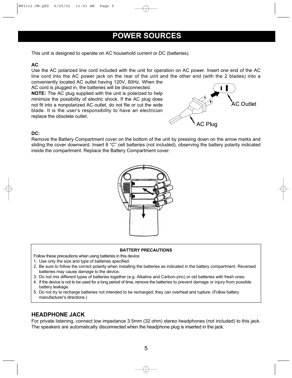 Power sources | Memorex MP3112 User Manual | Page 6 / 14