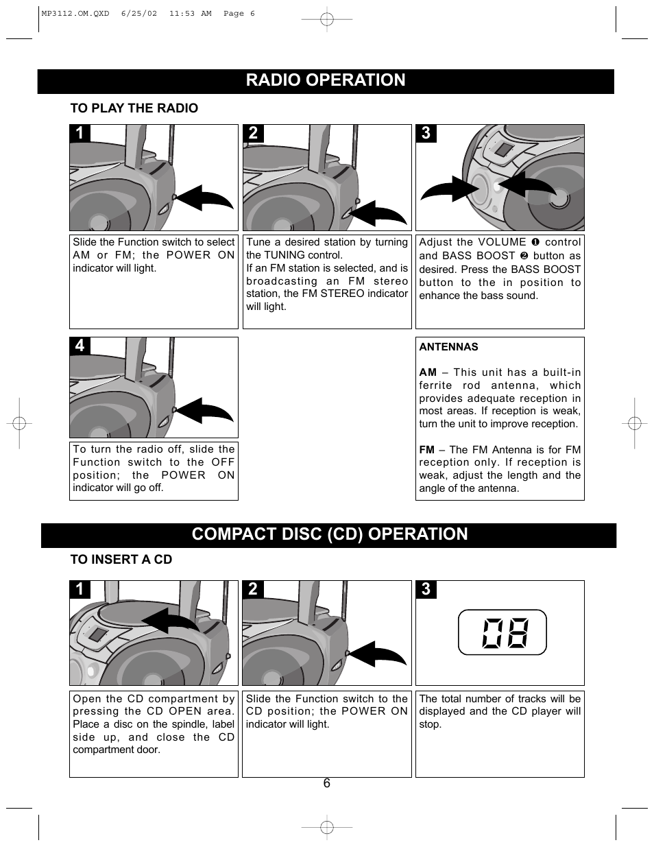 Radio operation, 2compact disc (cd) operation | Memorex MP3112 User Manual | Page 7 / 14