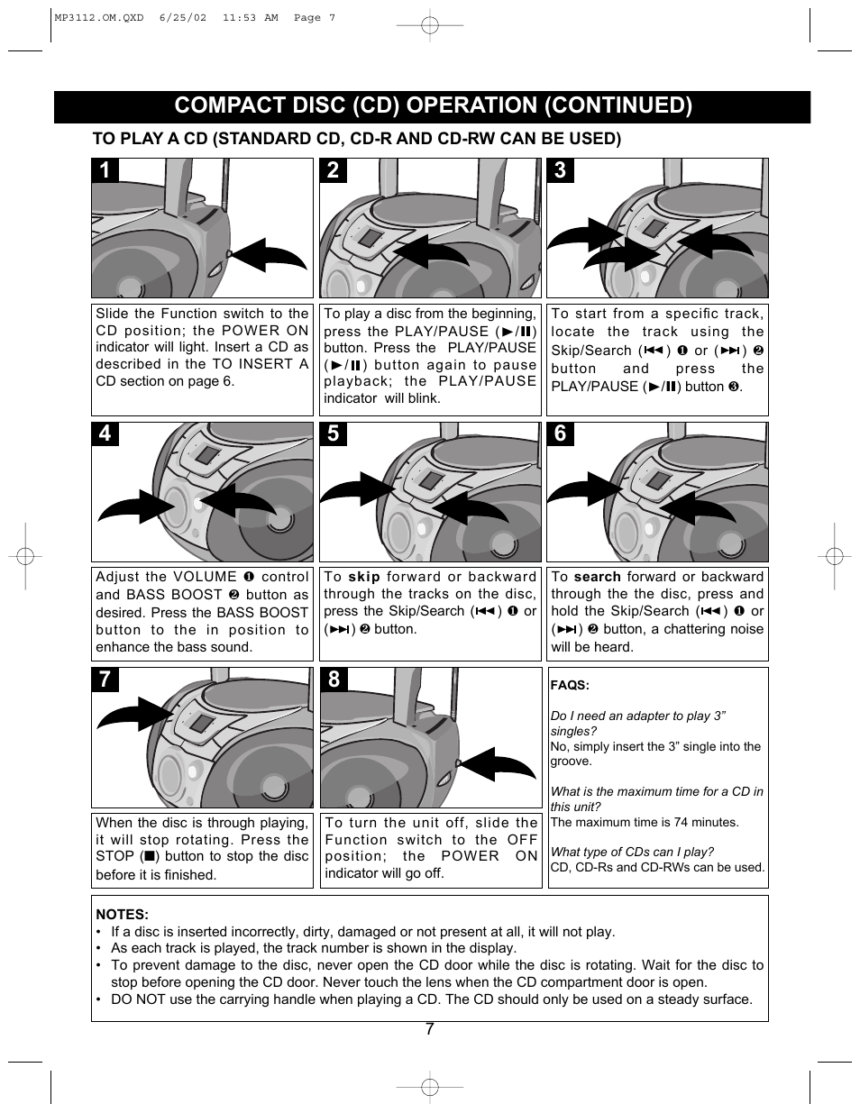 Compact disc (cd) operation (continued) | Memorex MP3112 User Manual | Page 8 / 14