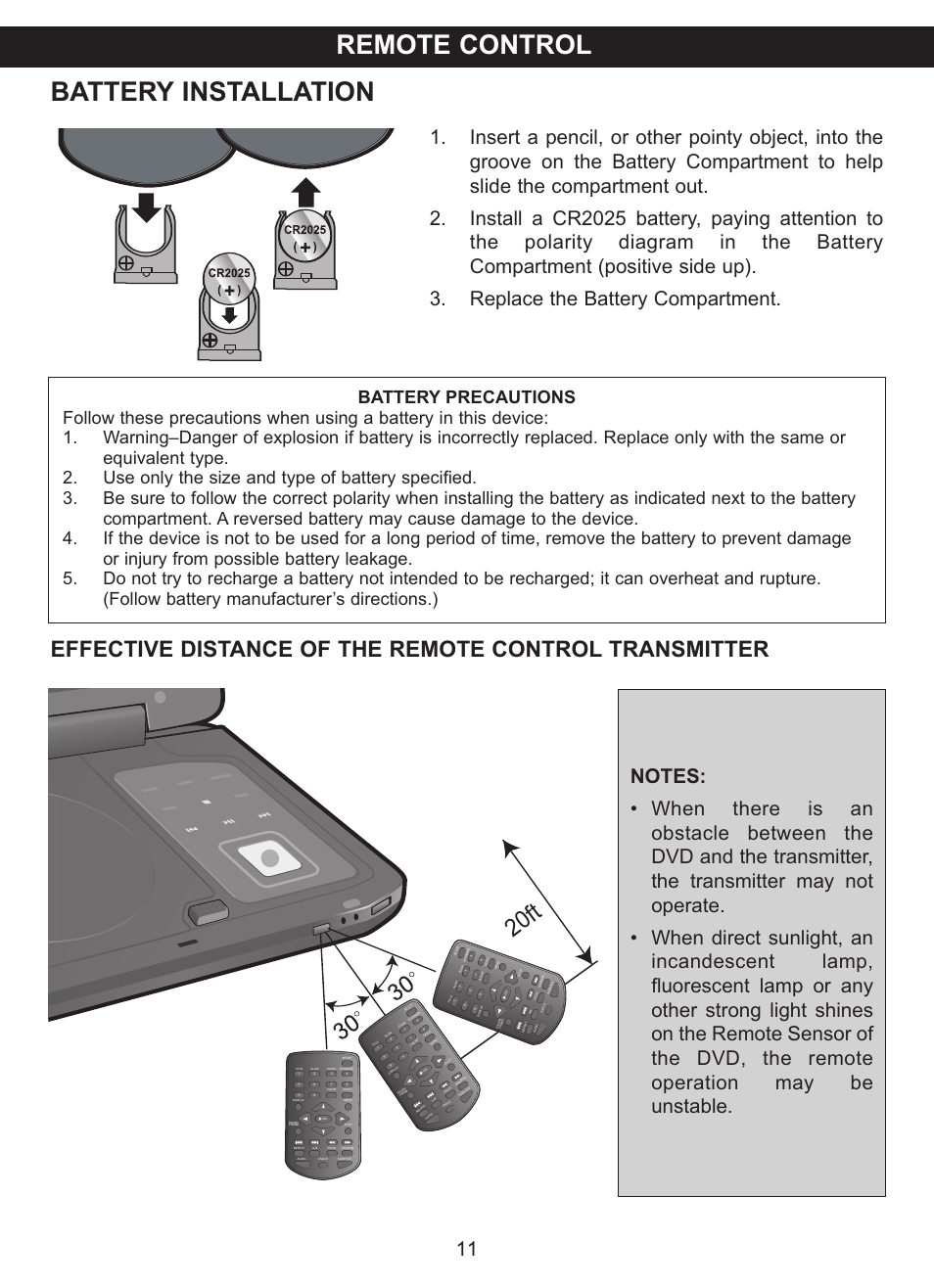 Remote control battery installation, 20 ft | Memorex MVDP1085 User Manual | Page 12 / 94