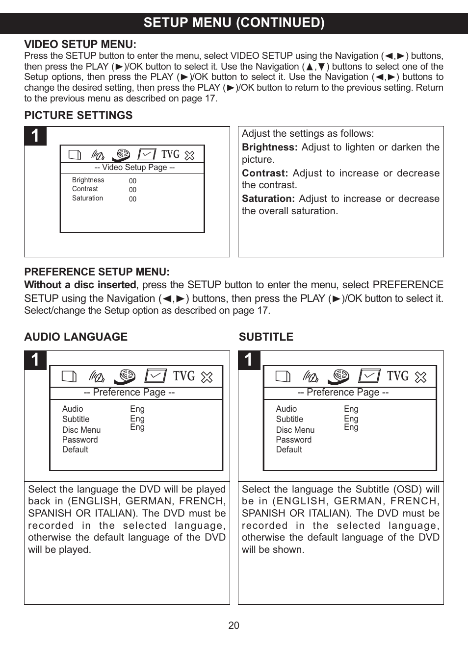 Setup menu (continued) | Memorex MVDP1085 User Manual | Page 21 / 94