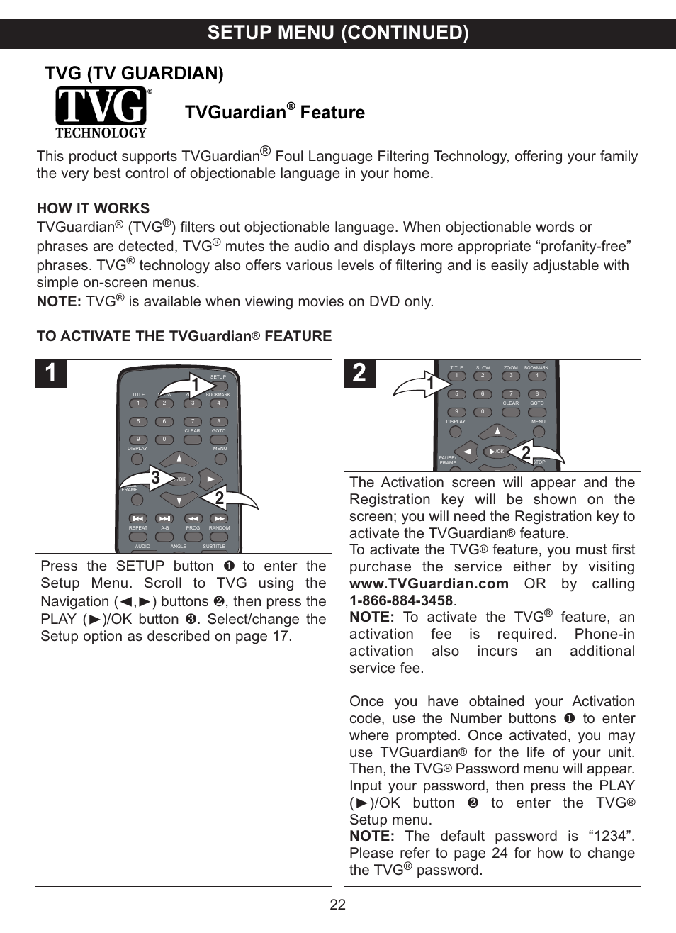 Setup menu (continued), Tvg (tv guardian) tvguardian, Feature | Feature. to activate the tvg, For the life of your unit. then, the tvg | Memorex MVDP1085 User Manual | Page 23 / 94