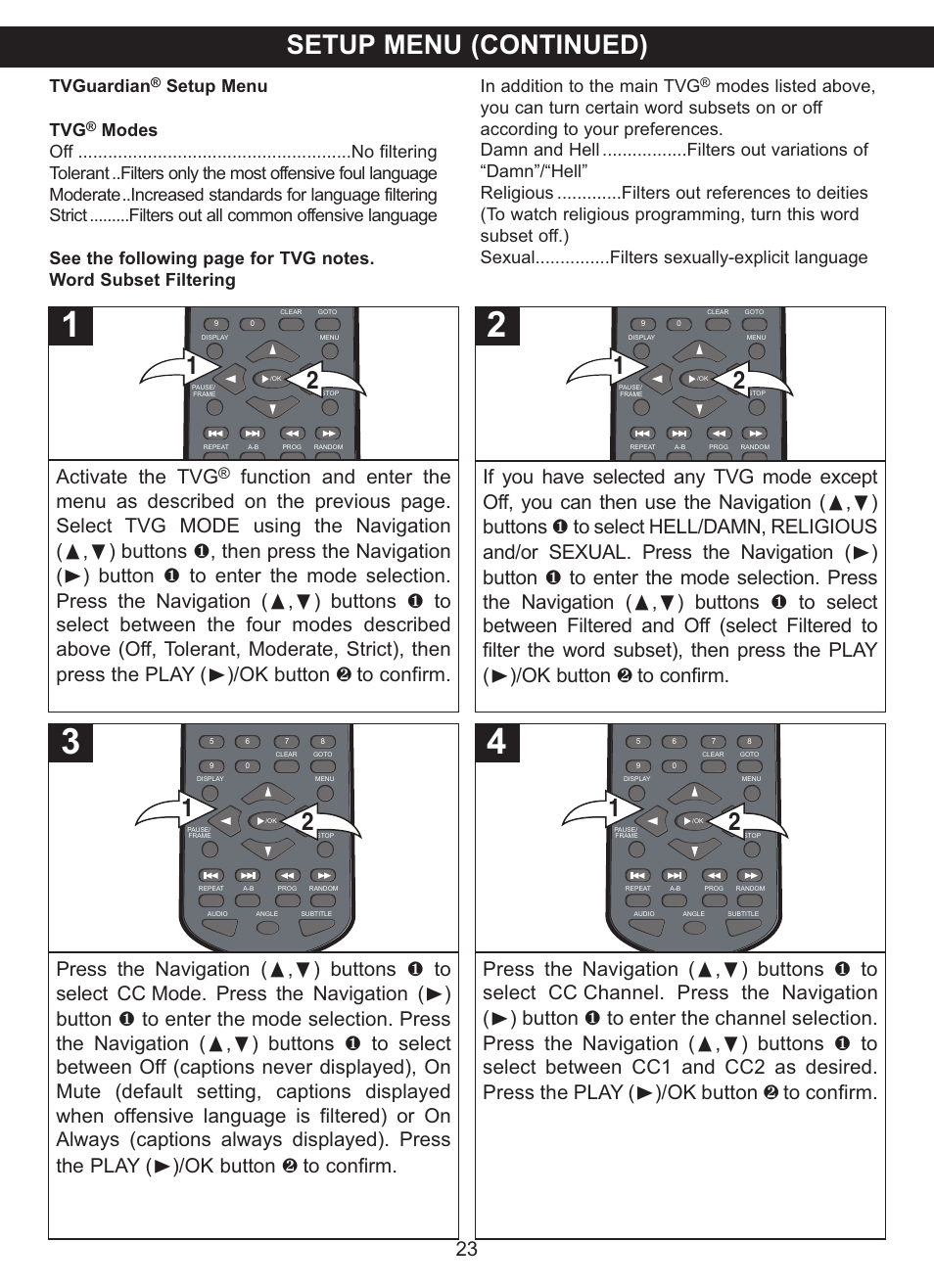 Setup menu (continued), Tvguardian, Setup menu tvg | Memorex MVDP1085 User Manual | Page 24 / 94