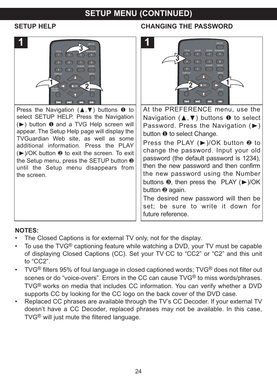 Setup menu (continued), Setup help, Changing the password | Will just mute the filtered language | Memorex MVDP1085 User Manual | Page 25 / 94