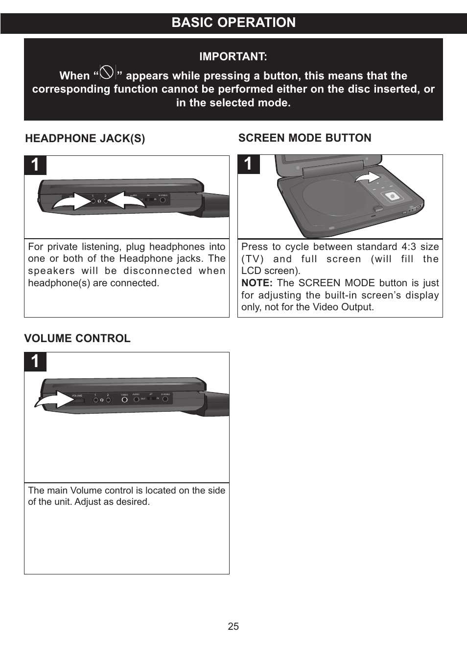 Basic operation, Headphone jack(s), Screen mode button | Volume control | Memorex MVDP1085 User Manual | Page 26 / 94