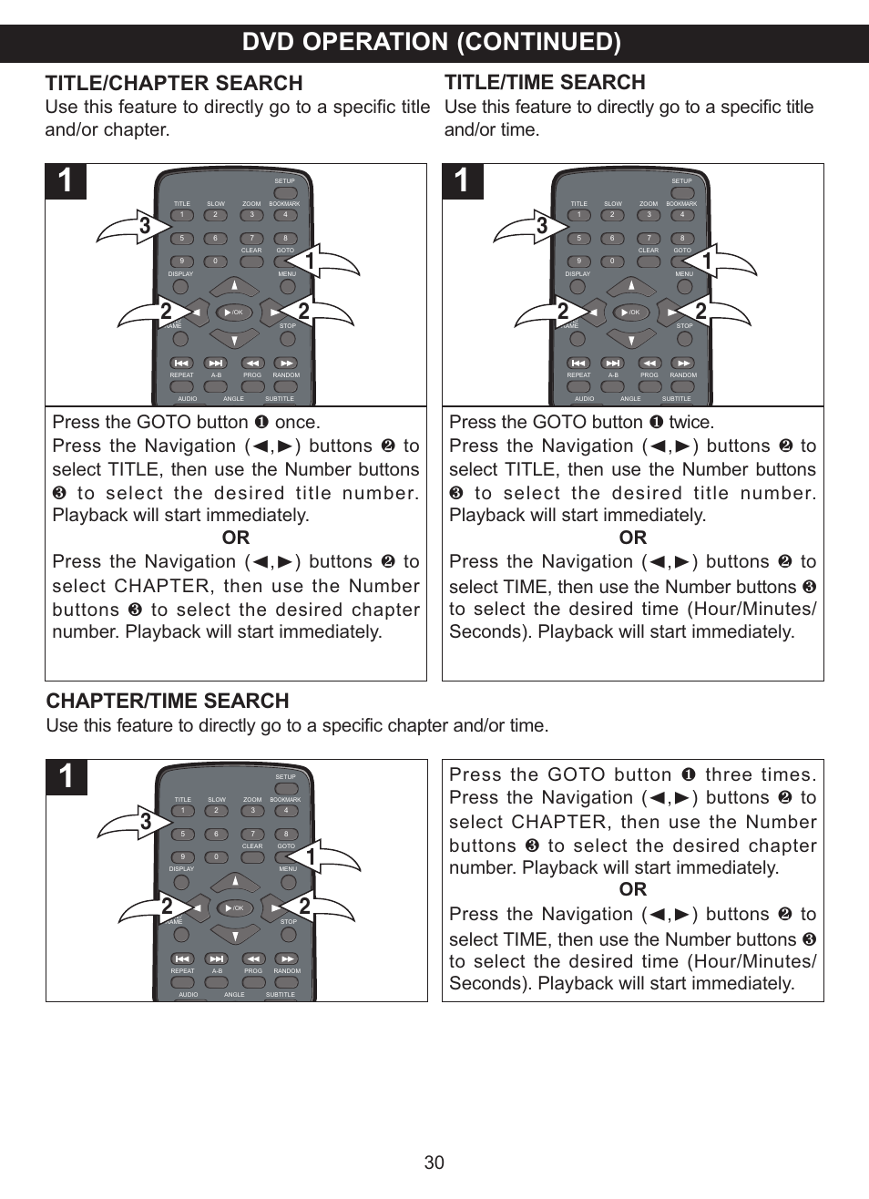 Dvd operation (continued), Title/chapter search, Chapter/time search | Title/time search | Memorex MVDP1085 User Manual | Page 31 / 94