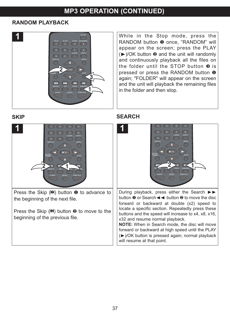 Mp3 operation (continued), Random playback, Skip search | Memorex MVDP1085 User Manual | Page 38 / 94