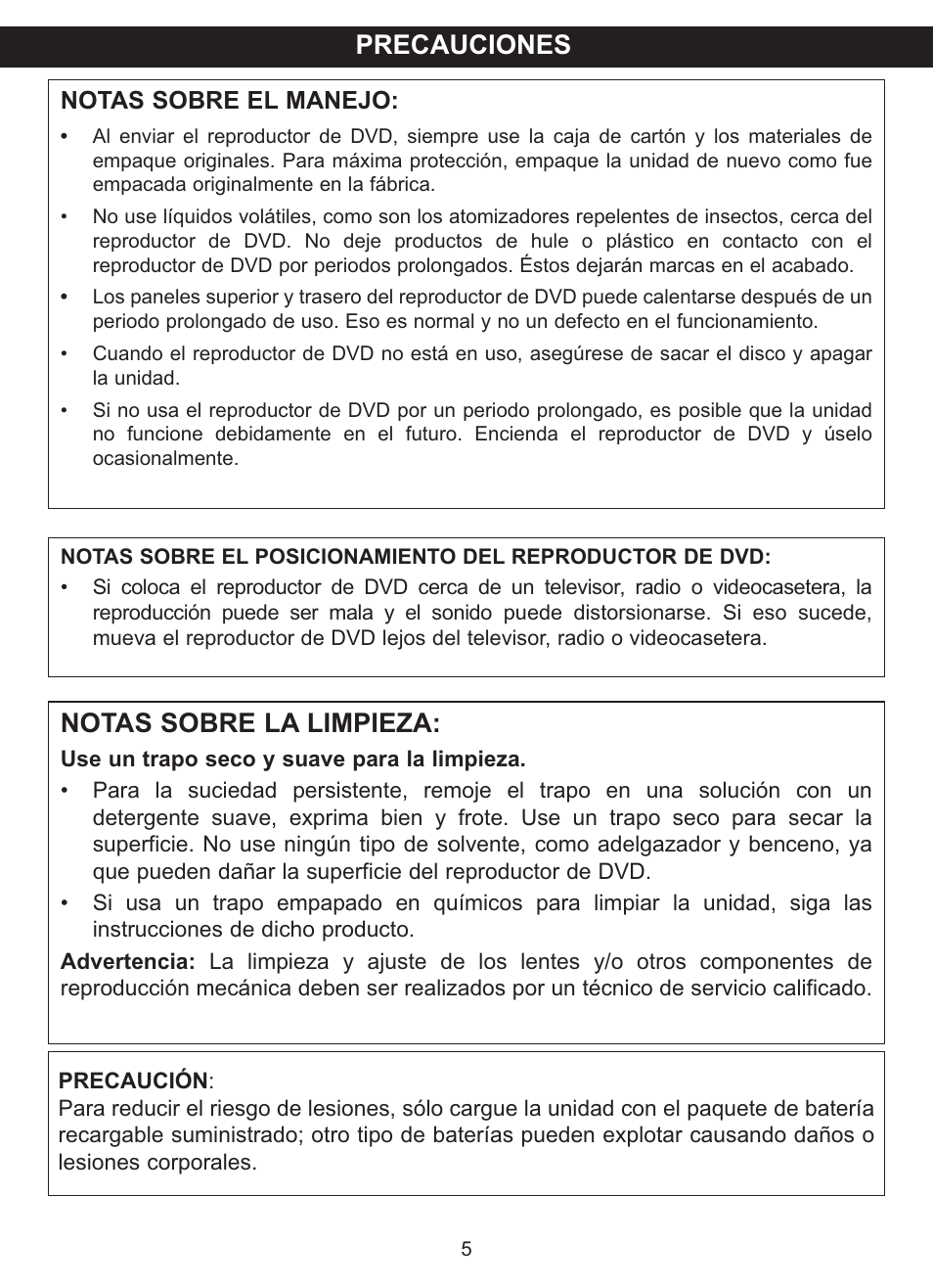 Precauciones, Notas sobre la limpieza, Notas sobre el manejo | Memorex MVDP1085 User Manual | Page 52 / 94