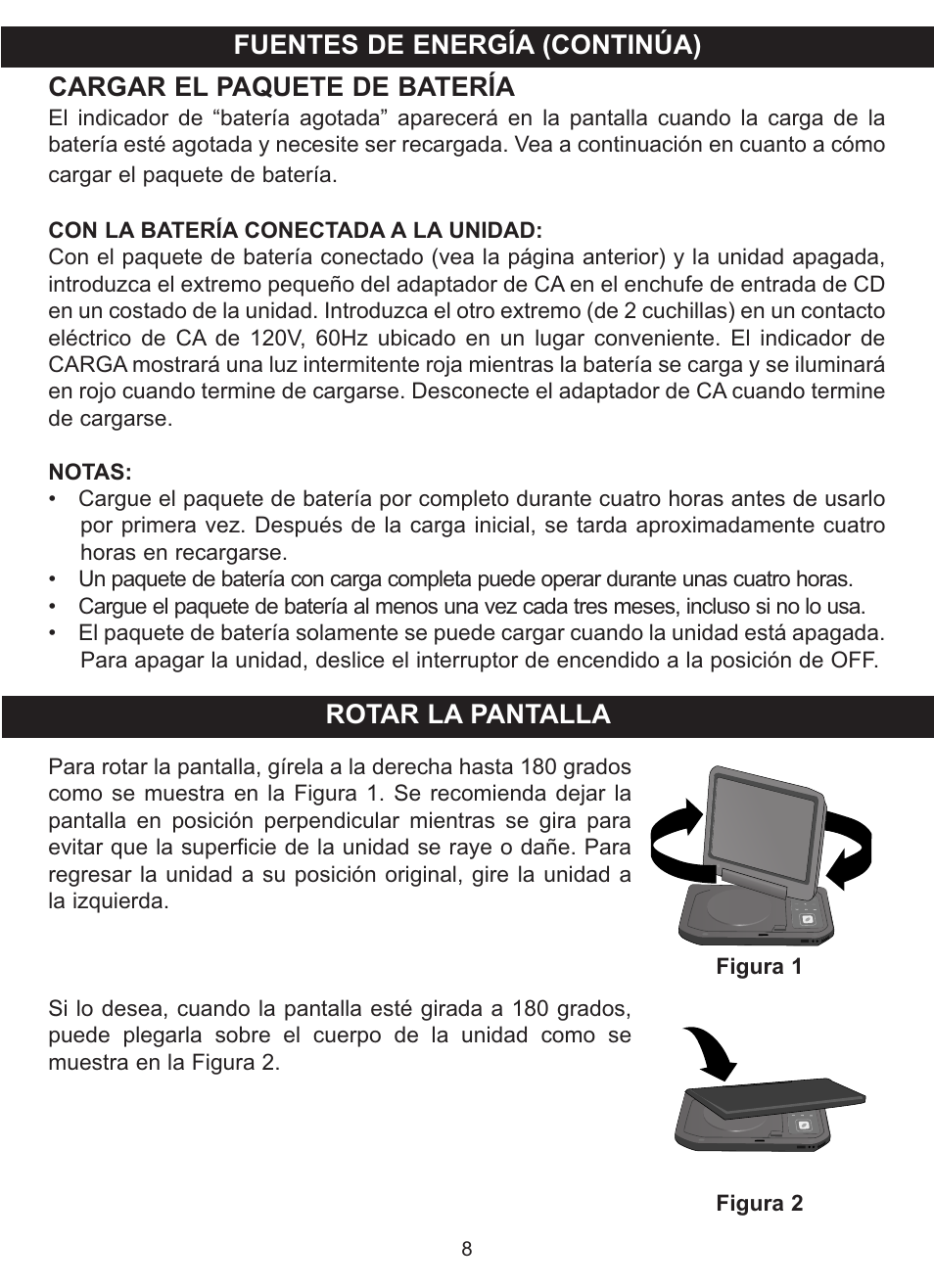 Cargar el paquete de batería, Fuentes de energía (continúa) rotar la pantalla | Memorex MVDP1085 User Manual | Page 55 / 94