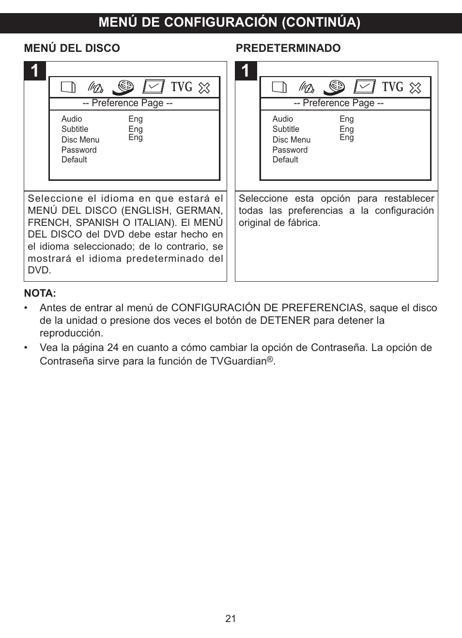 Menú de configuración (continúa) | Memorex MVDP1085 User Manual | Page 68 / 94