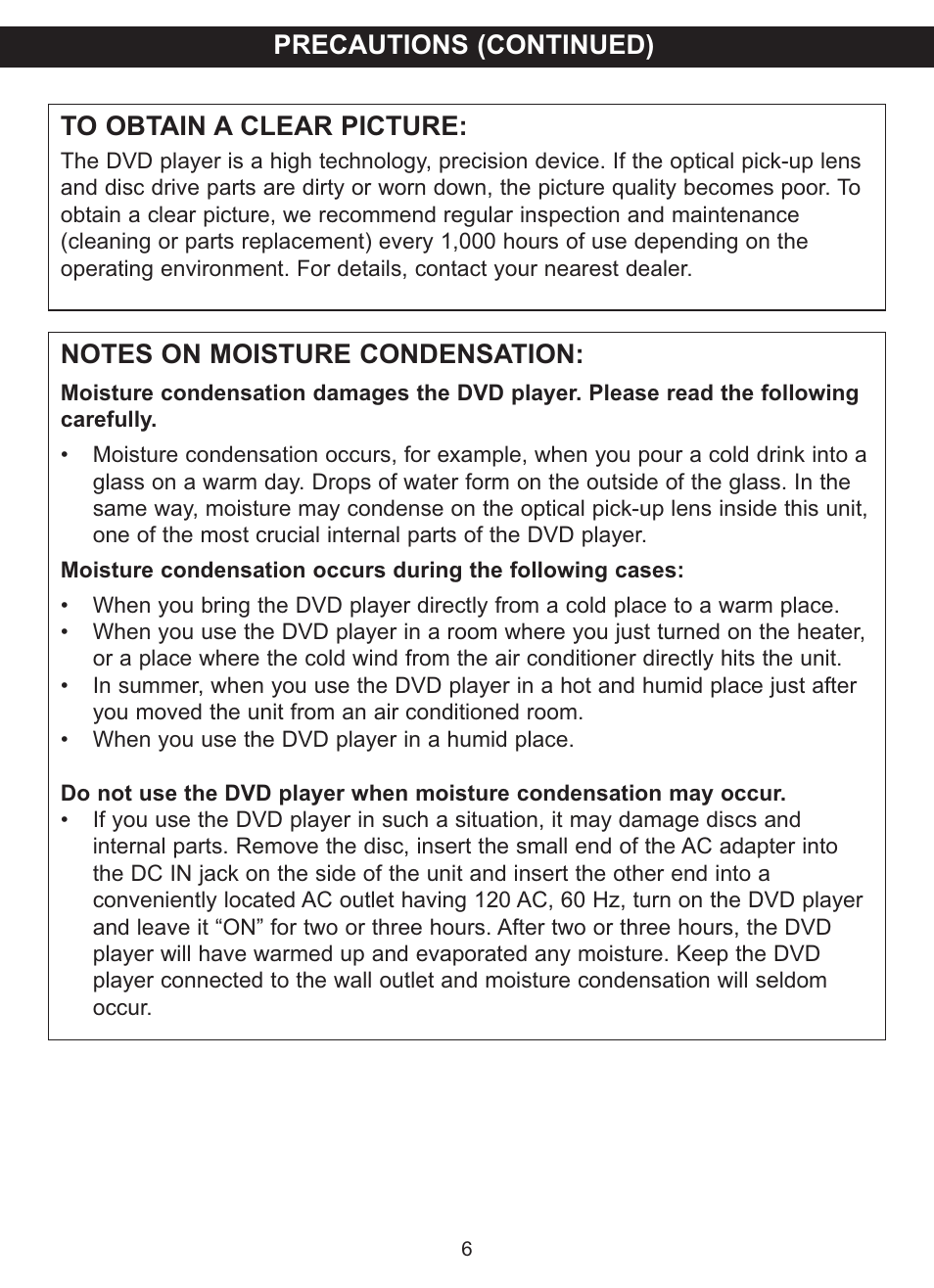 Precautions (continued) to obtain a clear picture | Memorex MVDP1085 User Manual | Page 7 / 94