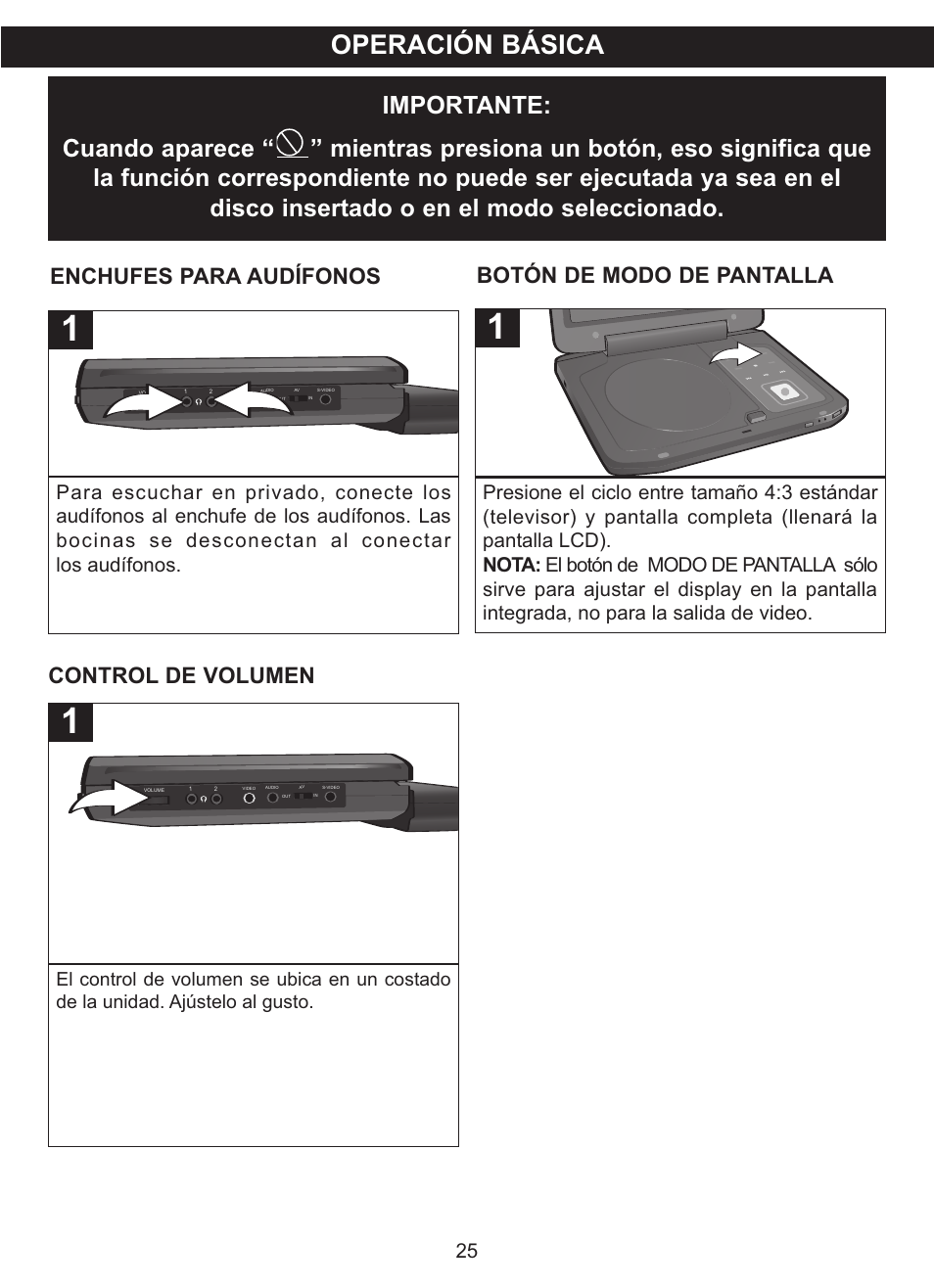 Operación básica, Enchufes para audífonos, Botón de modo de pantalla | Control de volumen | Memorex MVDP1085 User Manual | Page 72 / 94