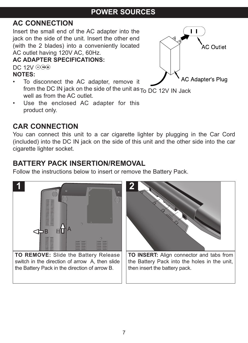 Ac connection, Car connection, Battery pack insertion/removal | Power sources | Memorex MVDP1085 User Manual | Page 8 / 94