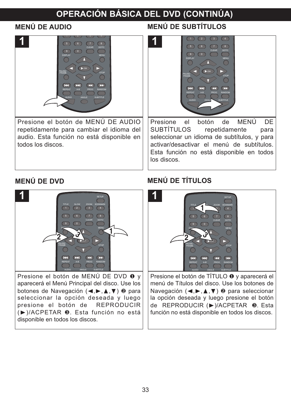 Operación básica del dvd (continúa), Menú de audio menú de subtítulos, Menú de dvd menú de títulos | Memorex MVDP1085 User Manual | Page 80 / 94