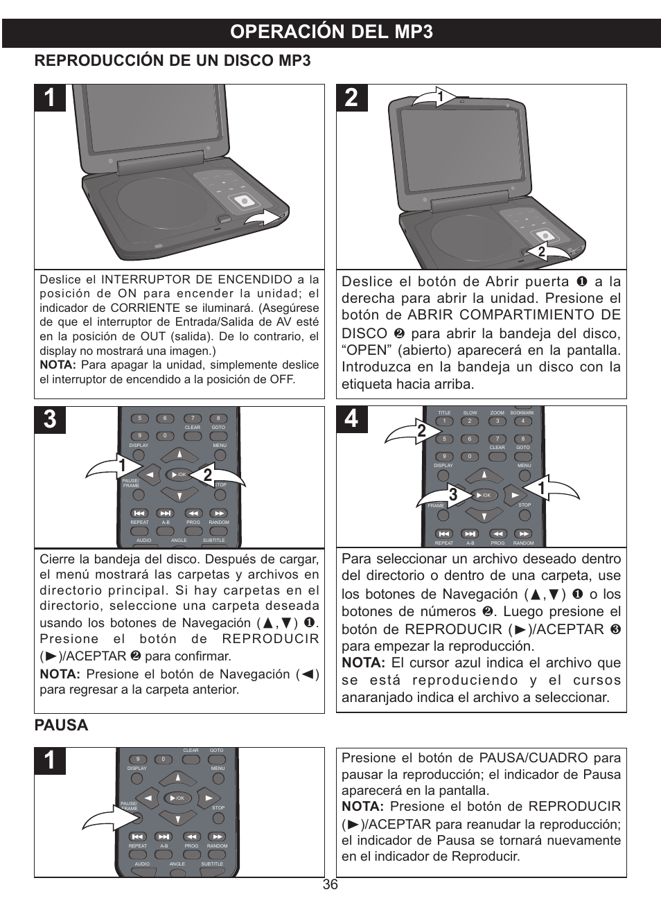 Operación del mp3, Pausa reproducción de un disco mp3, Presione el botón de reproducir | Aceptar, Para regresar a la carpeta anterior | Memorex MVDP1085 User Manual | Page 83 / 94