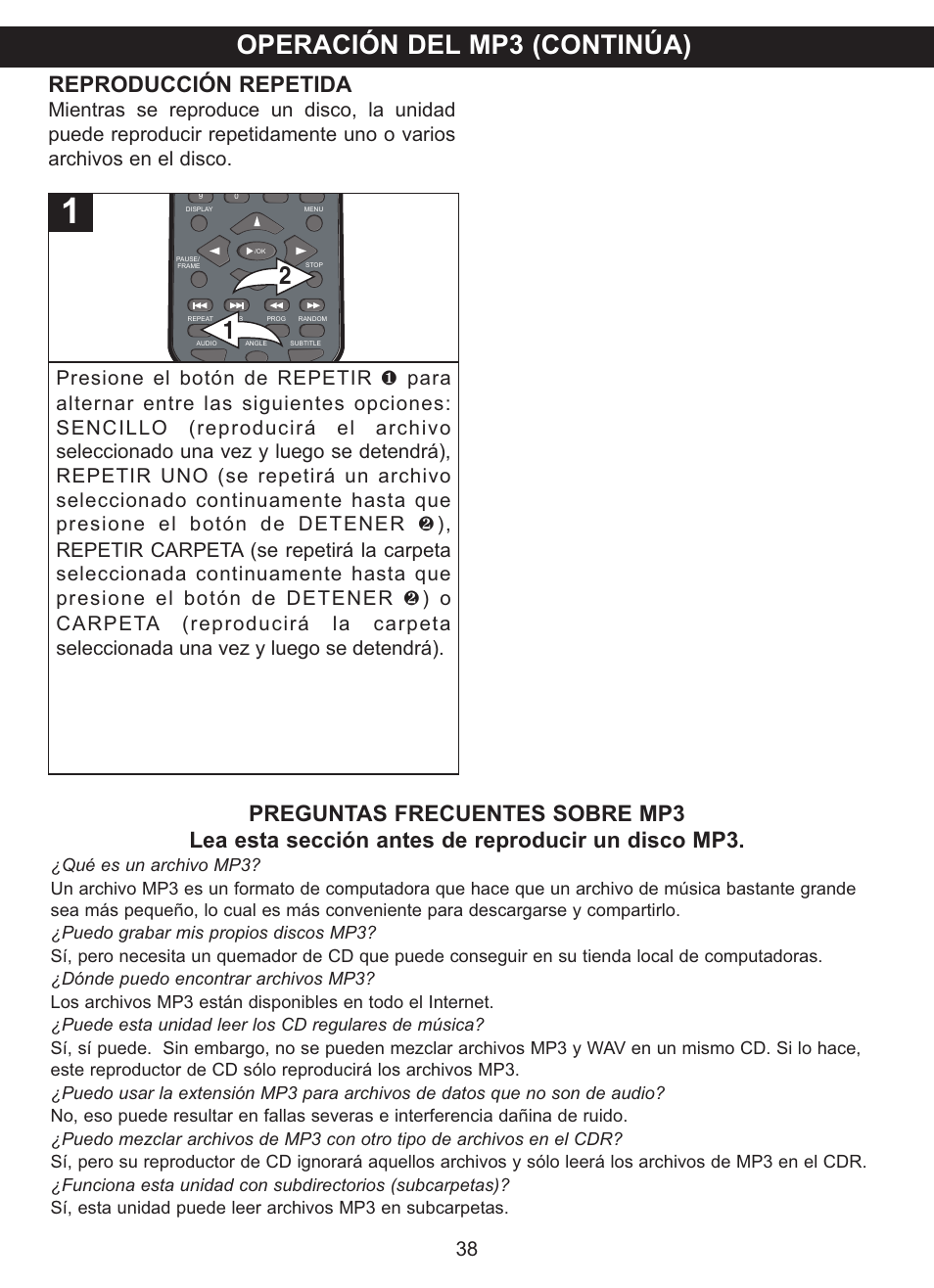 Operación del mp3 (continúa), Reproducción repetida | Memorex MVDP1085 User Manual | Page 85 / 94