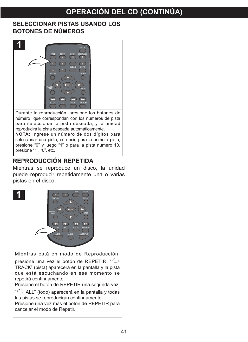 Operación del cd (continúa), Seleccionar pistas usando los botones de números, Reproducción repetida | Memorex MVDP1085 User Manual | Page 88 / 94