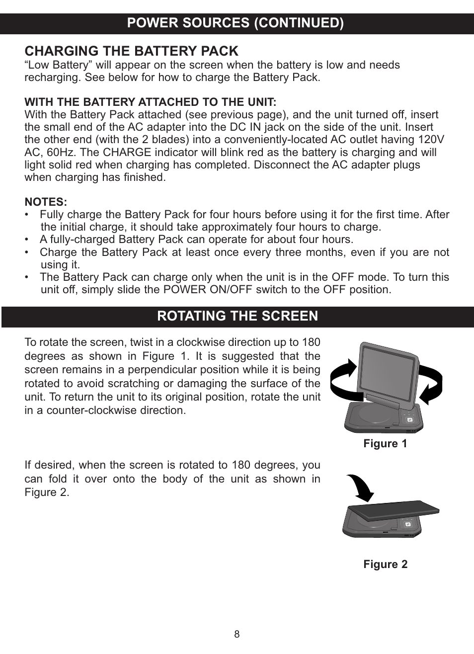 Charging the battery pack, Power sources (continued) rotating the screen | Memorex MVDP1085 User Manual | Page 9 / 94