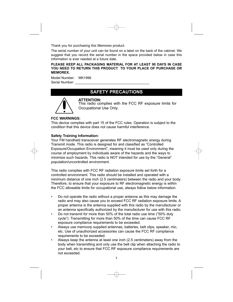 Safety precautions | Memorex MK1996 User Manual | Page 2 / 17