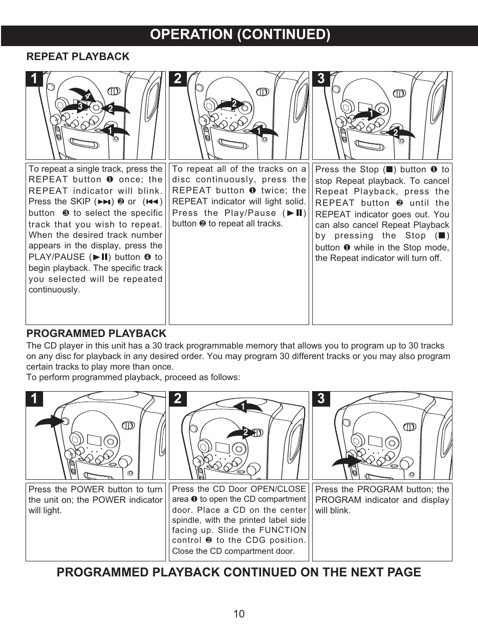 Operation (continued), Programmed playback continued on the next page | Memorex .MKS2422 User Manual | Page 11 / 40