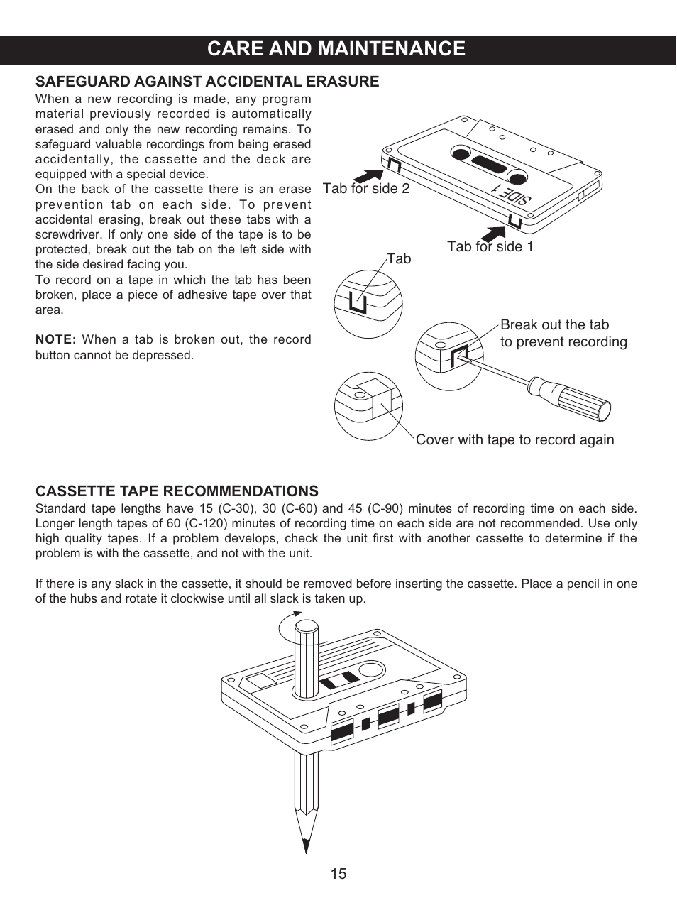 Care and maintenance, Sid e1 | Memorex .MKS2422 User Manual | Page 16 / 40