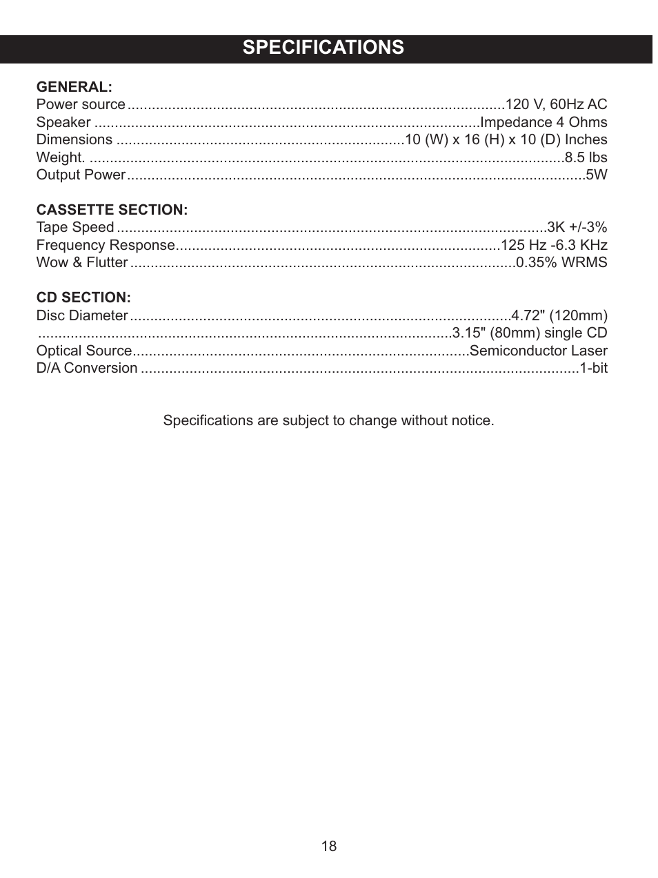 Specifications | Memorex .MKS2422 User Manual | Page 19 / 40