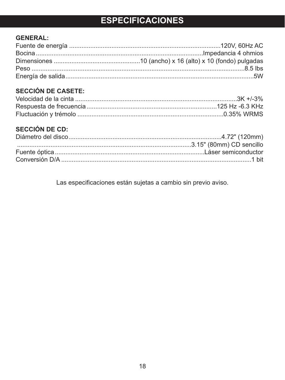 Especificaciones | Memorex .MKS2422 User Manual | Page 39 / 40