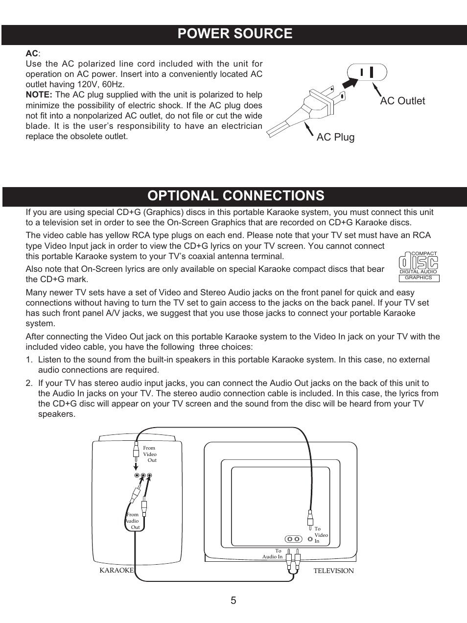 Power source optional connections, Ac plug ac outlet | Memorex .MKS2422 User Manual | Page 6 / 40