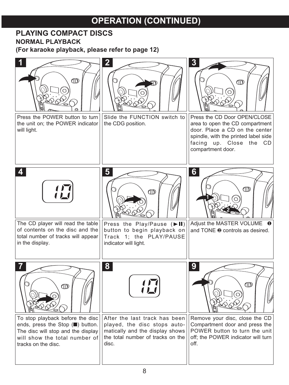 Operation (continued), Playing compact discs | Memorex .MKS2422 User Manual | Page 9 / 40