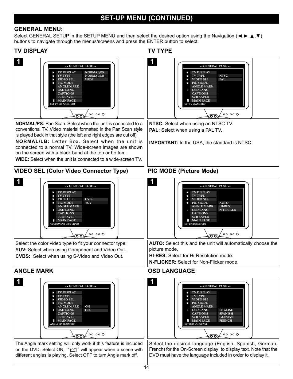 Set-up menu (continued), General menu, Tv display tv type | Angle mark osd language | Memorex MVD2027 User Manual | Page 15 / 35