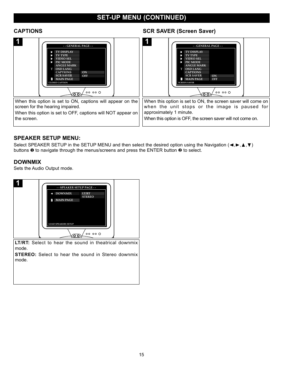 Set-up menu (continued), Captions scr saver (screen saver), Speaker setup menu | Downmix | Memorex MVD2027 User Manual | Page 16 / 35