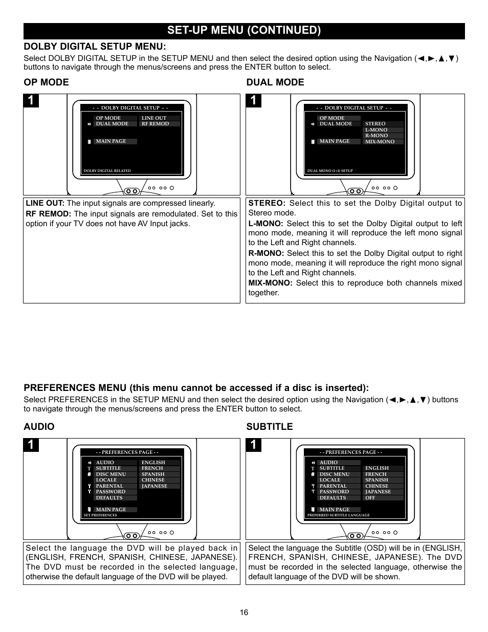 Set-up menu (continued), Dolby digital setup menu, Op mode dual mode | Audio subtitle | Memorex MVD2027 User Manual | Page 17 / 35