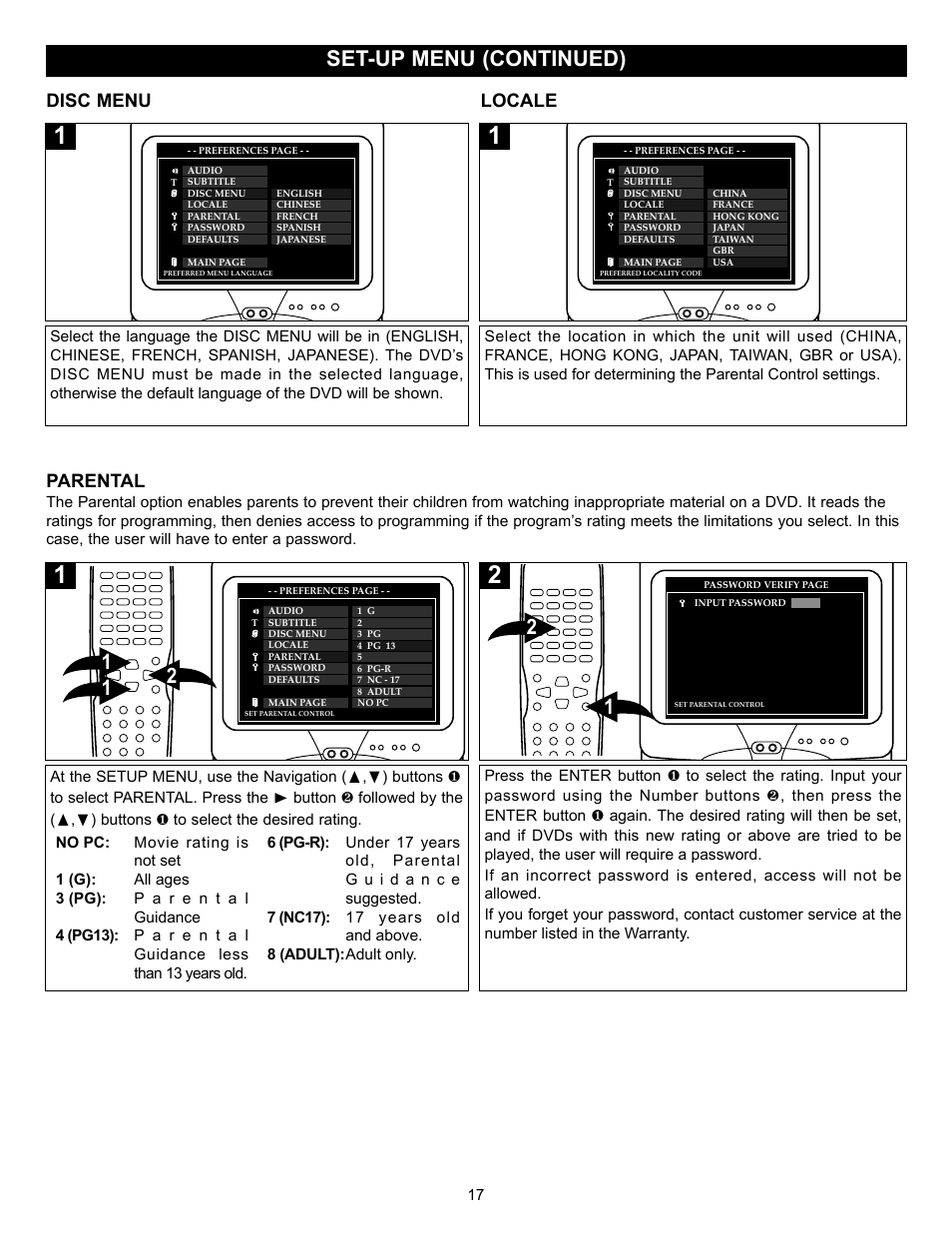 Set-up menu (continued), Disc menu locale, Parental | Memorex MVD2027 User Manual | Page 18 / 35