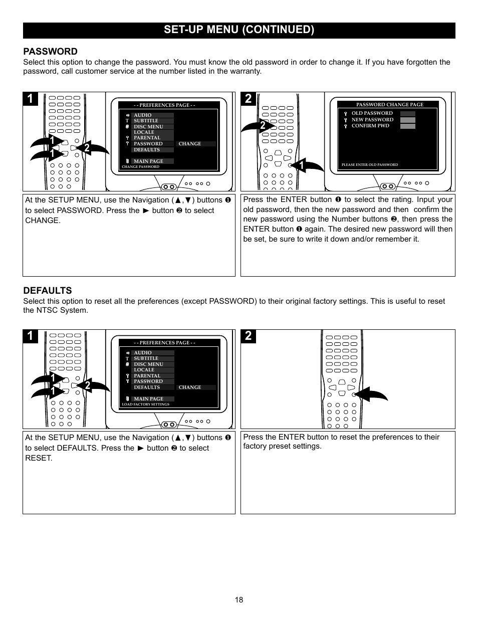 Set-up menu (continued), Password, Defaults | Memorex MVD2027 User Manual | Page 19 / 35