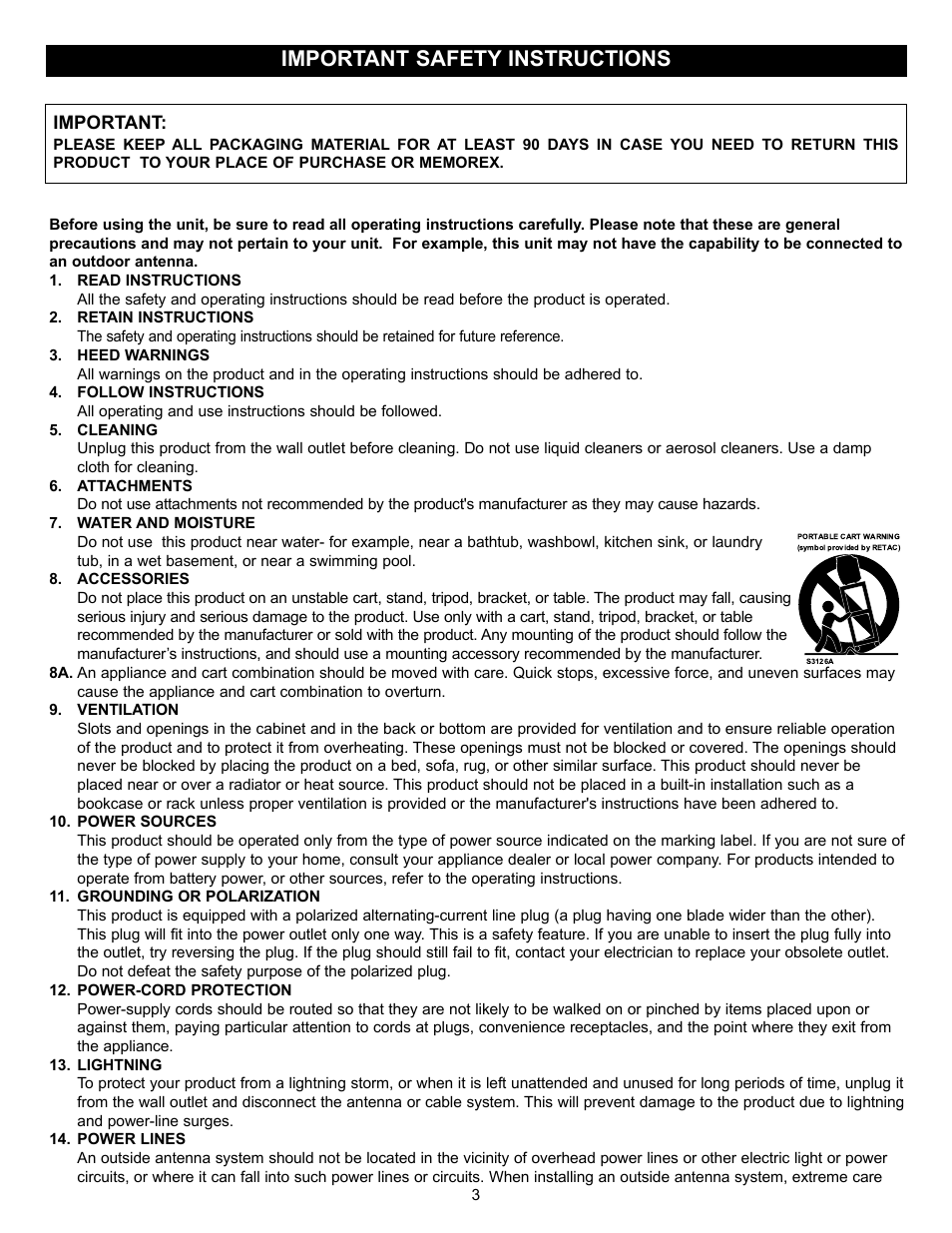 Important safety instructions | Memorex MVD2027 User Manual | Page 4 / 35