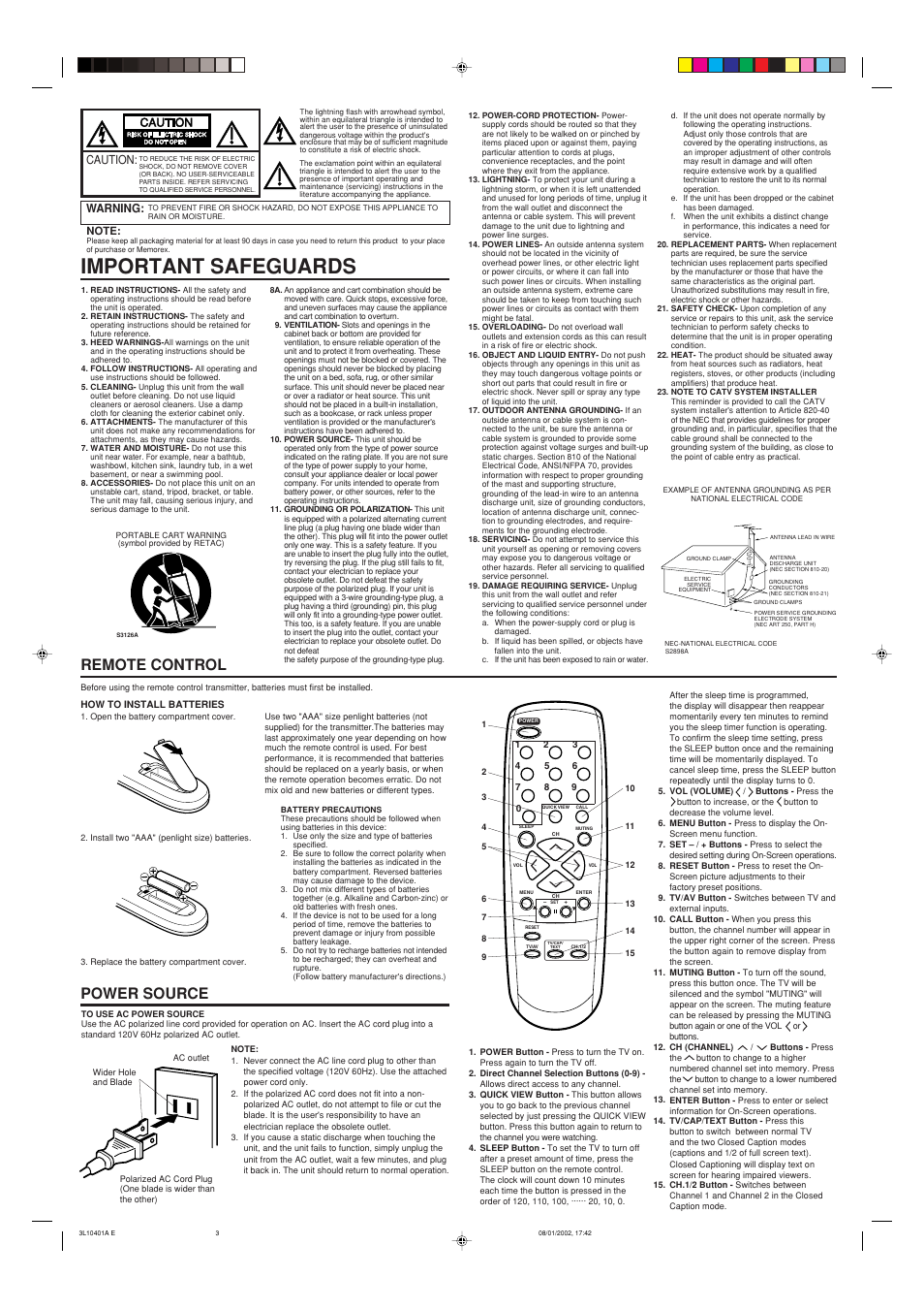 Important safeguards, Remote control, Power source | Caution, Warning | Memorex MT 1197 User Manual | Page 2 / 4