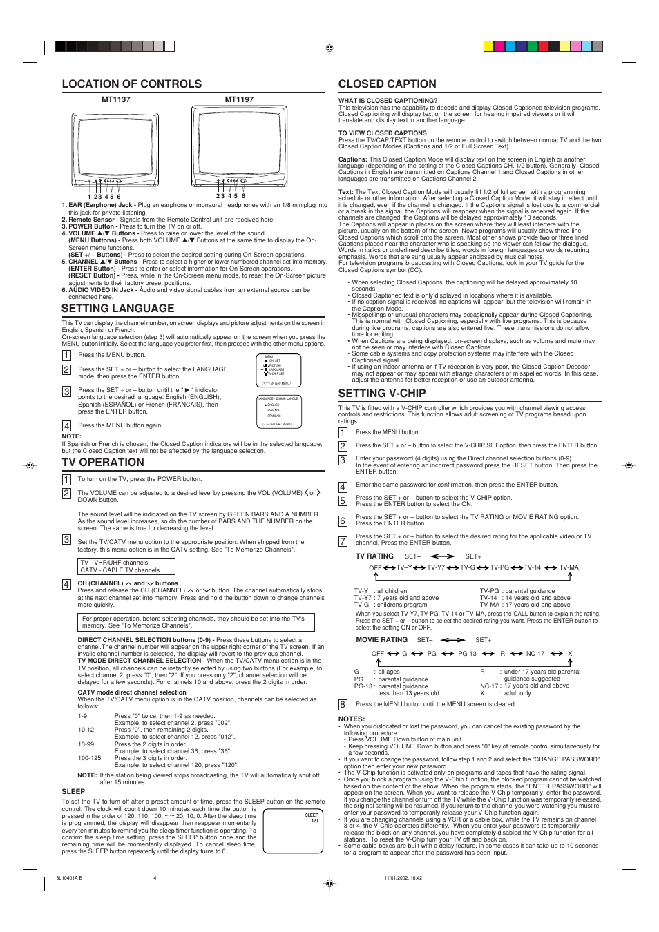 Location of controls, Tv operation, Closed caption | Setting language, Setting v-chip | Memorex MT 1197 User Manual | Page 3 / 4