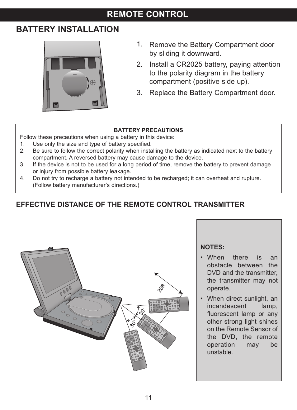 Remote control battery installation | Memorex MVDP1076 User Manual | Page 12 / 44
