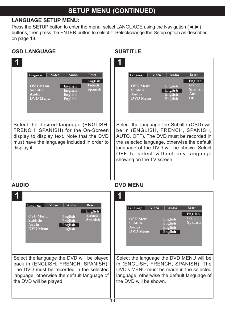Setup menu (continued) | Memorex MVDP1076 User Manual | Page 20 / 44