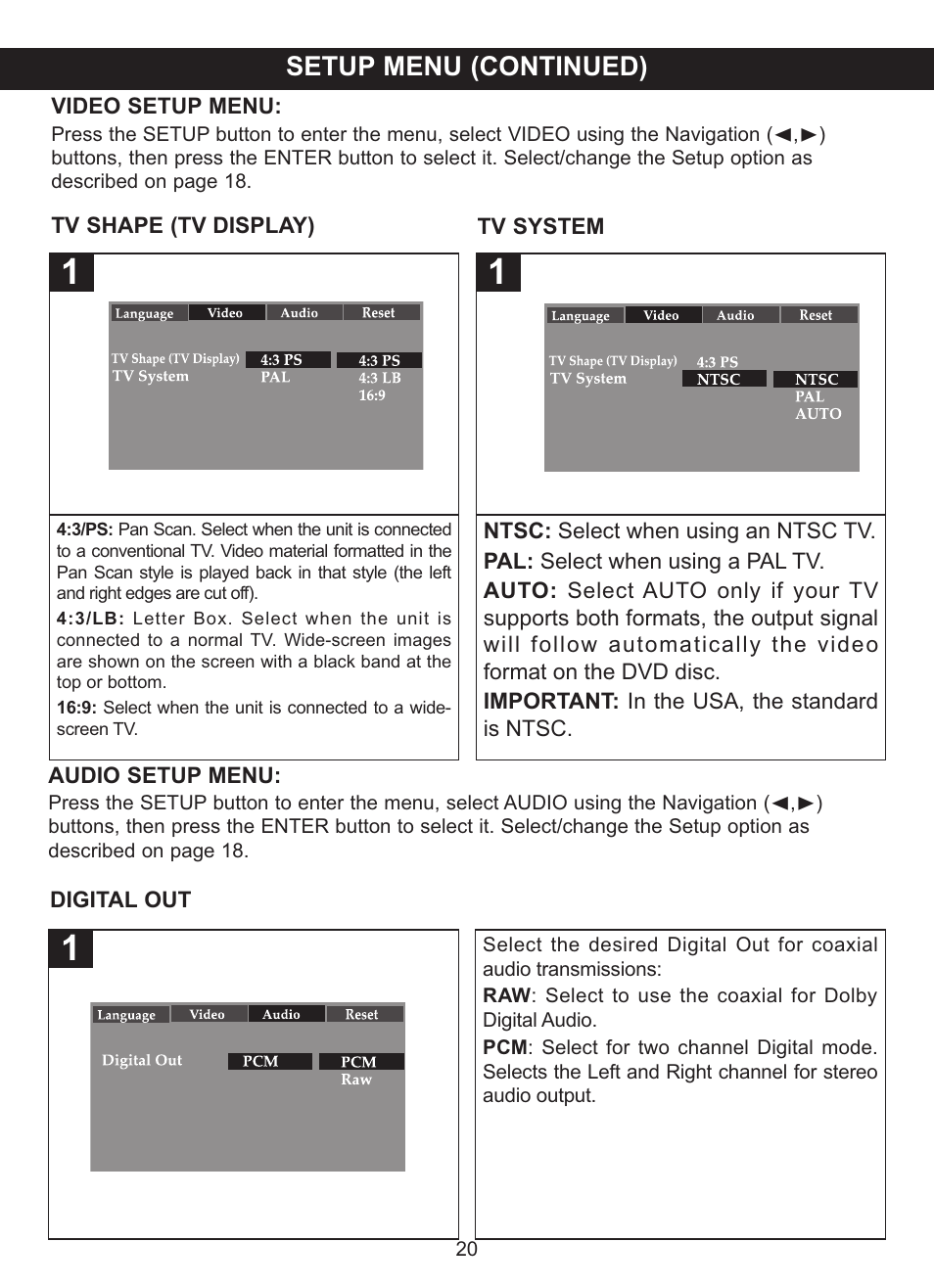 Setup menu (continued) | Memorex MVDP1076 User Manual | Page 21 / 44