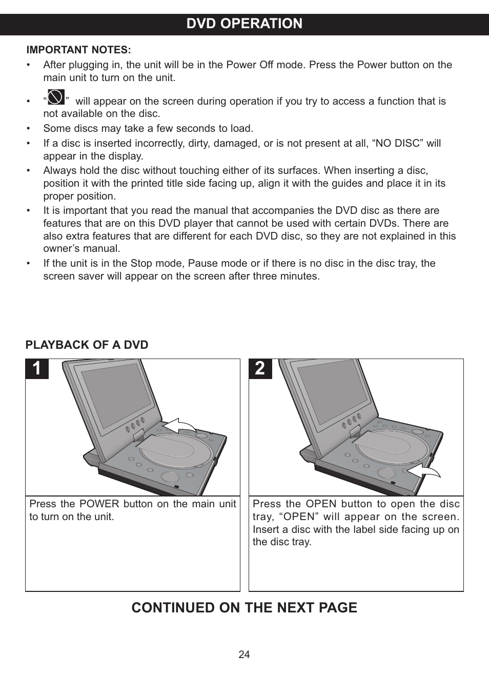 Dvd operation, Continued on the next page | Memorex MVDP1076 User Manual | Page 25 / 44