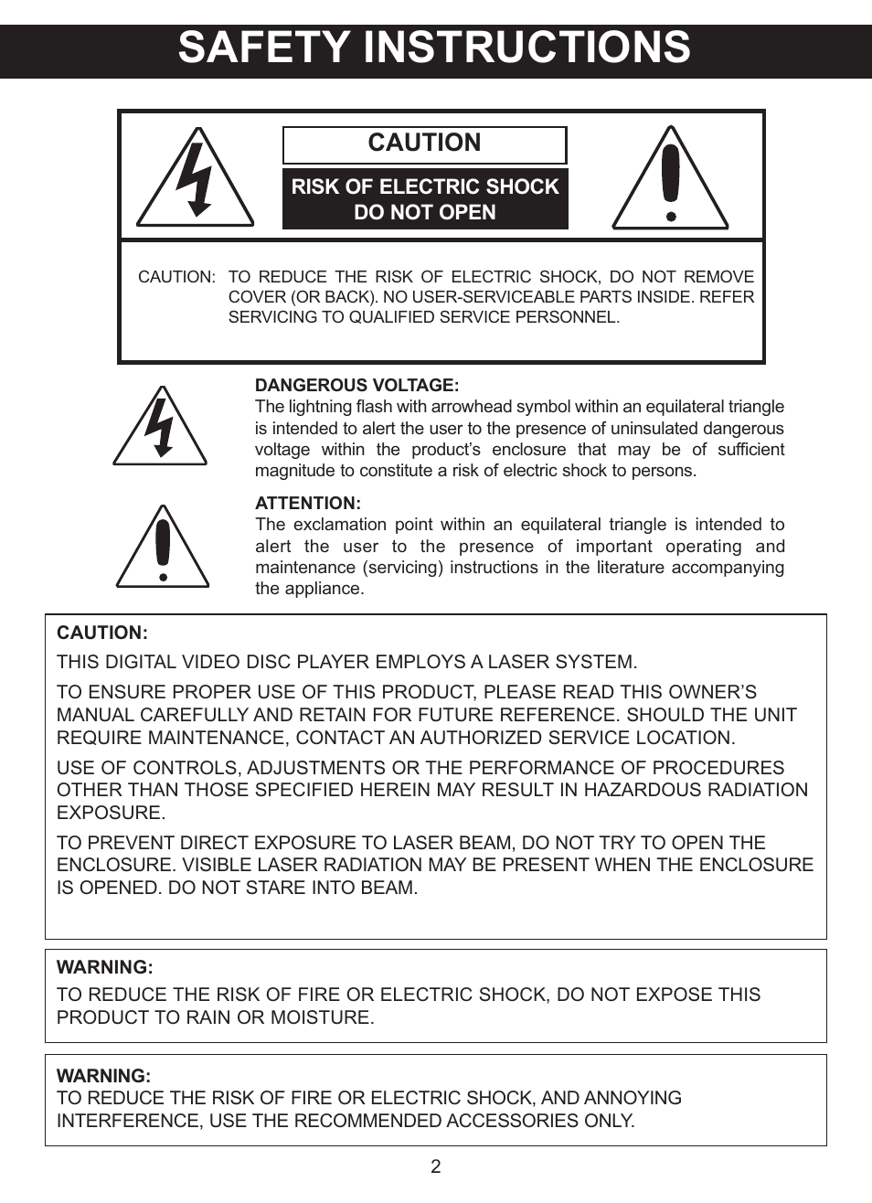 Safety instructions, Caution | Memorex MVDP1076 User Manual | Page 3 / 44