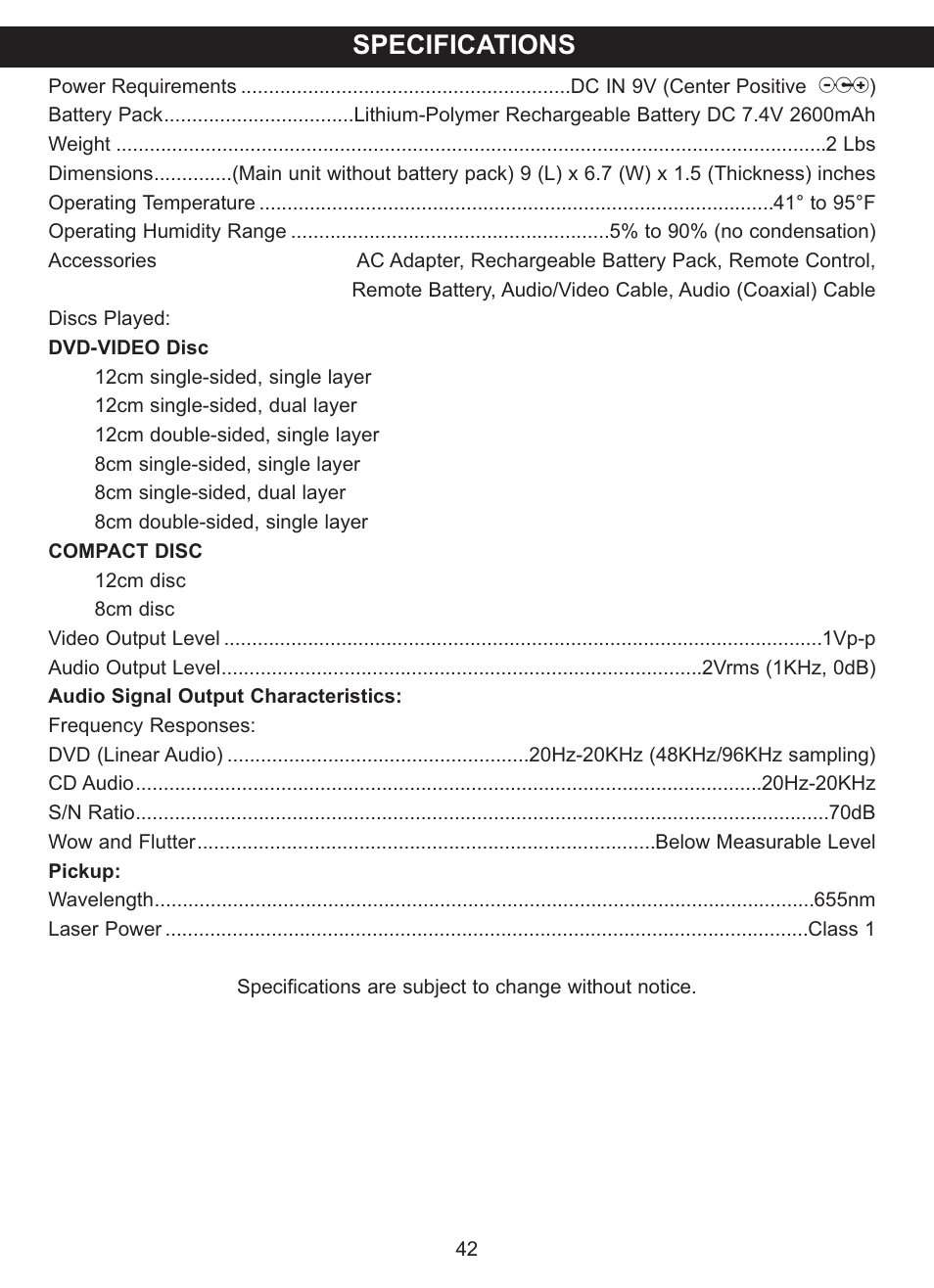 Specifications | Memorex MVDP1076 User Manual | Page 43 / 44