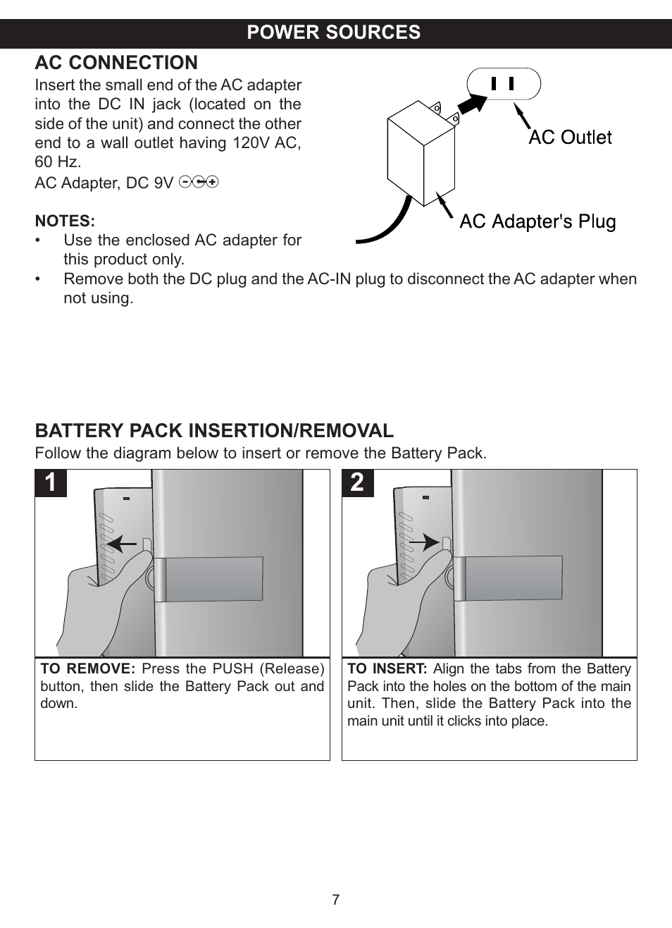 Ac connection, Battery pack insertion/removal, Power sources | Memorex MVDP1076 User Manual | Page 8 / 44