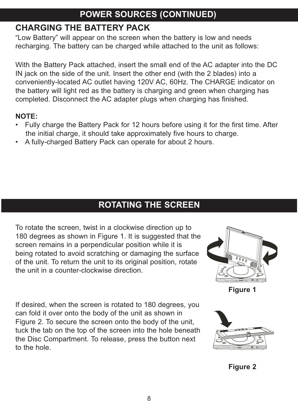 Charging the battery pack, Power sources (continued) rotating the screen | Memorex MVDP1076 User Manual | Page 9 / 44