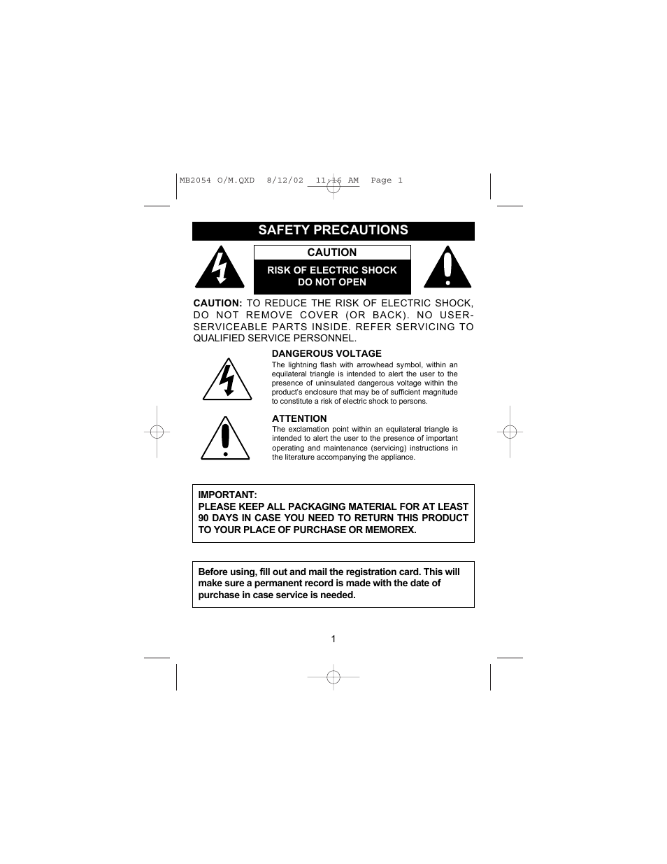 Safety precautions | Memorex MB2054 User Manual | Page 2 / 15