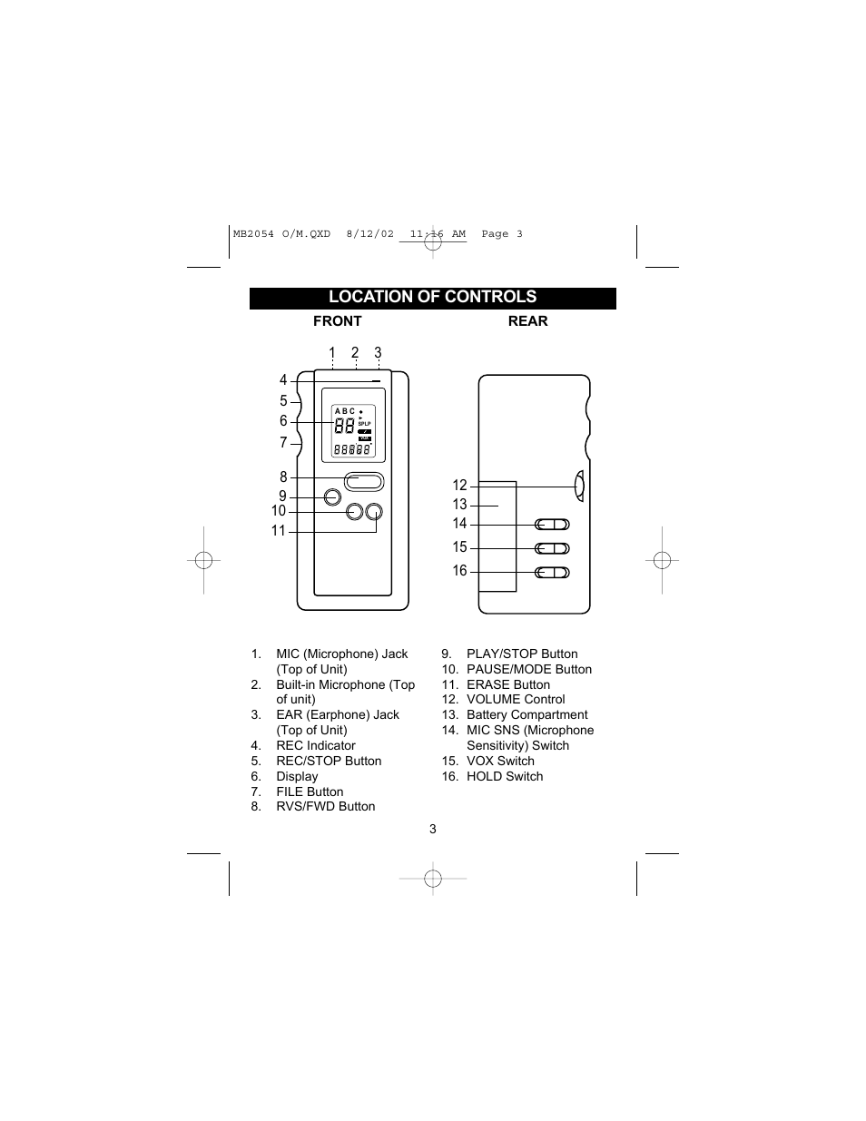Location of controls | Memorex MB2054 User Manual | Page 4 / 15