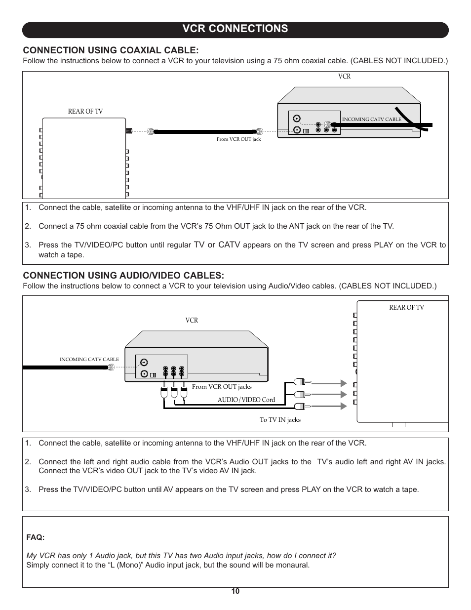 Vcr connections, Connection using coaxial cable, Connection using audio/video cables | Memorex MT3010OM User Manual | Page 11 / 42