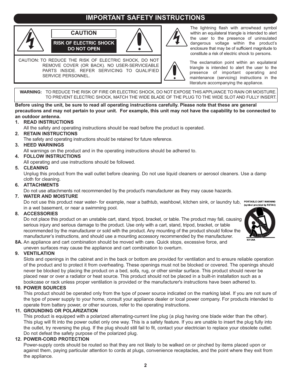 Important safety instructions, Caution | Memorex MT3010OM User Manual | Page 3 / 42